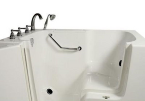 Avora bath 32" x 52" wheelchair transfer walk-in tub biscuit with left outward swing door - hydro massage with microbubbles - 5 piece roman faucet set - hand shower with pull out hose - stainless steel grab bar - Vital Hydrotherapy