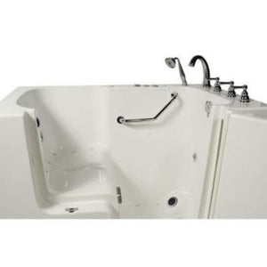 Avora bath 32" x 52" wheelchair transfer walk-in tub white with right outward swing door - air hydro and vibration jets - 5 piece roman faucet set - hand shower with pull out hose - stainless steel grab bar - Vital Hydrotherapy