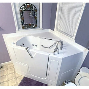 Avora bath 32" x 52" wheelchair transfer walk-in tub white with right outward swing door - air and vibration jets - 5 piece roman faucet set - hand shower with pull out hose - stainless steel grab bar - lifestyle - Vital Hydrotherapy