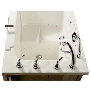 Avora bath 32" x 52" wheelchair transfer walk-in tub white with right outward swing door - air and vibration jets - 5 piece roman faucet set - hand shower with pull out hose - stainless steel grab bar - Vital Hydrotherapy