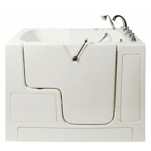 Avora bath 32" x 52" wheelchair transfer walk-in tub white with right outward swing door - hydro and vibration jets - 5 piece roman faucet set - hand shower with pull out hose - stainless steel grab bar - Vital Hydrotherapy