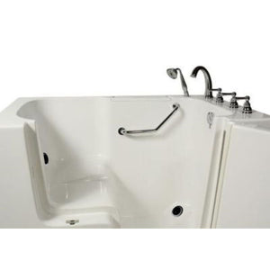 Avora bath 32" x 52" wheelchair transfer walk-in tub white with right outward swing door - vibration jets - 5 piece roman faucet set - hand shower with pull out hose - stainless steel grab bar - Vital Hydrotherapy