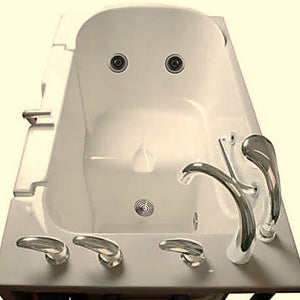 Avora bath 30" x 52" wheelchair transfer walk-in tub biscuit with right outward swinging door, vibration jets with microbubbles, handle & faucet - top view - Vital Hydrotherapy