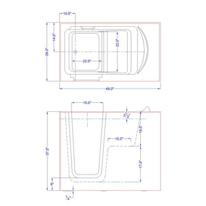 Avora Bath 28" x 48" walk-in tub dimension drawing - Vital Hydrotherapy