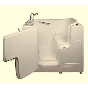 Avora bath 30" x 52" wheelchair transfer walk-in tub white with left outward swinging door, air massage with microbubbles and handle & faucet - open door - Vital Hydrotherapy