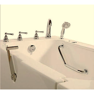 Avora bath 32" x 52" wheelchair transfer walk-in tub biscuit with left outward swing door - air hydro vibration jets with microbubbles - 5 piece roman faucet set - hand shower with pull out hose - stainless steel grab bar - Vital Hydrotherapy