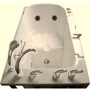 Avora bath 30" x 52" wheelchair transfer walk-in tub biscuit with left outward swinging door, air and vibration jets with microbubbles and handle & faucet - top view - Vital Hydrotherapy