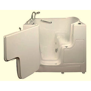 Avora bath 30" x 52" wheelchair transfer walk-in tub biscuit with left outward swinging door, hydro and vibration jets with microbubbles, handle & faucet - open door - Vital Hydrotherapy