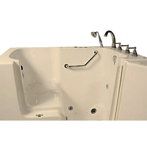 Avora bath 32" x 52" wheelchair transfer walk-in tub biscuit with right outward swing door - air hydro vibration jets with microbubbles - 5 piece roman faucet set - hand shower with pull out hose - stainless steel grab bar - Vital Hydrotherapy