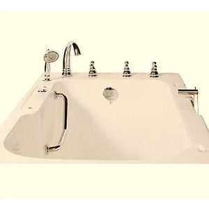 Avora bath 32" x 52" wheelchair transfer walk-in tub biscuit with right outward swing door - air hydro vibration jets with microbubbles - 5 piece roman faucet set - hand shower with pull out hose - stainless steel grab bar - Vital Hydrotherapy