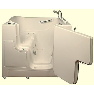 Avora bath 30" x 52" wheelchair transfer walk-in tub biscuit with right outward swinging door, air hydro and vibration jets, handle & faucet - open door - Vital Hydrotherapy