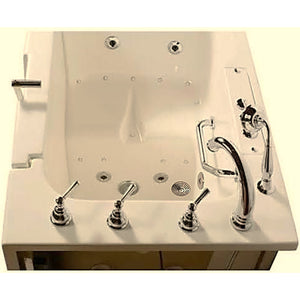 Avora bath 32" x 52" wheelchair transfer walk-in tub biscuit with left outward swing door - air and hydro massage with microbubbles - 5 piece roman faucet set - hand shower with pull out hose - stainless steel grab bar - Vital Hydrotherapy
