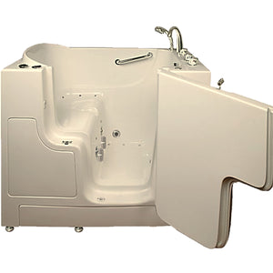 Avora bath 30" x 52" wheelchair transfer walk-in tub biscuit with right outward swinging door, air and hydro massage with microbubbles and handle & faucet - open door - Vital Hydrotherapy
