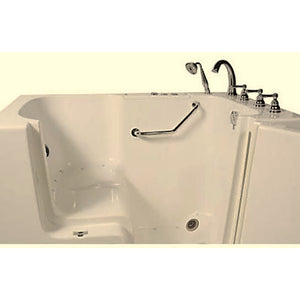 Avora bath 32" x 52" wheelchair transfer walk-in tub biscuit with right outward swing door - hydro and vibration jets - 5 piece roman faucet set - hand shower with pull out hose - stainless steel grab bar - Vital Hydrotherapy
