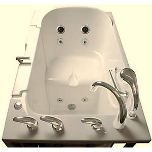 Avora bath 30" x 52" wheelchair transfer walk-in tub biscuit with right outward swinging door, hydro and vibration jets, handle & faucet - top view - Vital Hydrotherapy
