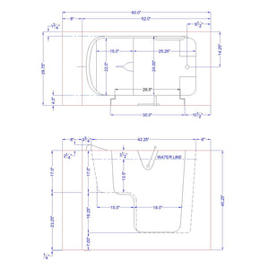 Avora Bath 30" x 52" Wheelchair Transfer Walk-In Tub Dimension Drawing - Vital Hydrotherapy