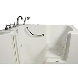 Avora bath 32" x 52" wheelchair transfer walk-in tub white with left outward swing door - air hydro vibration jets with microbubbles - 5 piece roman faucet set - hand shower with pull out hose - stainless steel grab bar - open door - Vital Hydrotherapy