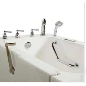 Avora bath 32" x 52" wheelchair transfer walk-in tub white with left outward swing door - air hydro vibration jets with microbubbles - 5 piece roman faucet set - hand shower with pull out hose - stainless steel grab bar - Vital Hydrotherapy