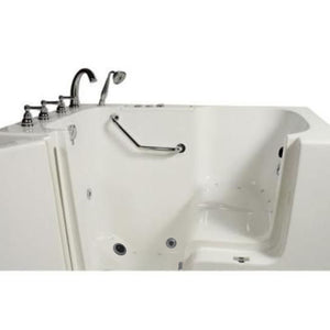 Avora bath 32" x 52" wheelchair transfer walk-in tub white with left outward swing door - air hydro vibration jets with microbubbles - 5 piece roman faucet set - hand shower with pull out hose - stainless steel grab bar - Vital Hydrotherapy