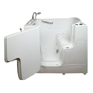 Avora bath 30" x 52" wheelchair transfer walk-in tub white with left outward swinging door, air hydro and vibration jets, handle & faucet - open door - Vital Hydrotherapy