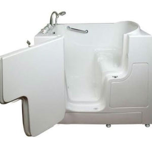 Avora bath 30" x 52" wheelchair transfer walk-in tub white with left outward swinging door, vibration jets with microbubbles, handle & faucet - Vital Hydrotherapy