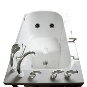Avora bath 30" x 52" wheelchair transfer walk-in tub white with left outward swinging door, vibration jets with microbubbles, handle & faucet - top view - Vital Hydrotherapy