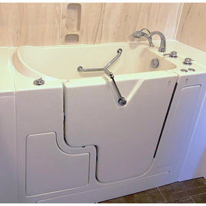 Avora bath 30" x 52" wheelchair transfer walk-in tub white with right outward swinging door, air hydro and vibration jets, handle & faucet - lifestyle - Vital Hydrotherapy