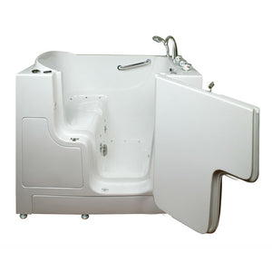 Avora bath 30" x 52" wheelchair transfer walk-in tub white with right outward swinging door, air hydro and vibration jets with microbubbles, handle & faucet - open door - Vital Hydrotherapy