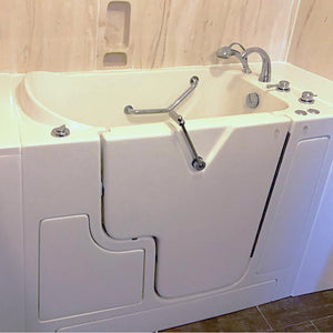 Avora bath 30" x 52" wheelchair transfer walk-in tub white with right outward swinging door, hydro massage with microbubbles, handle & faucet - lifestyle - Vital Hydrotherapy