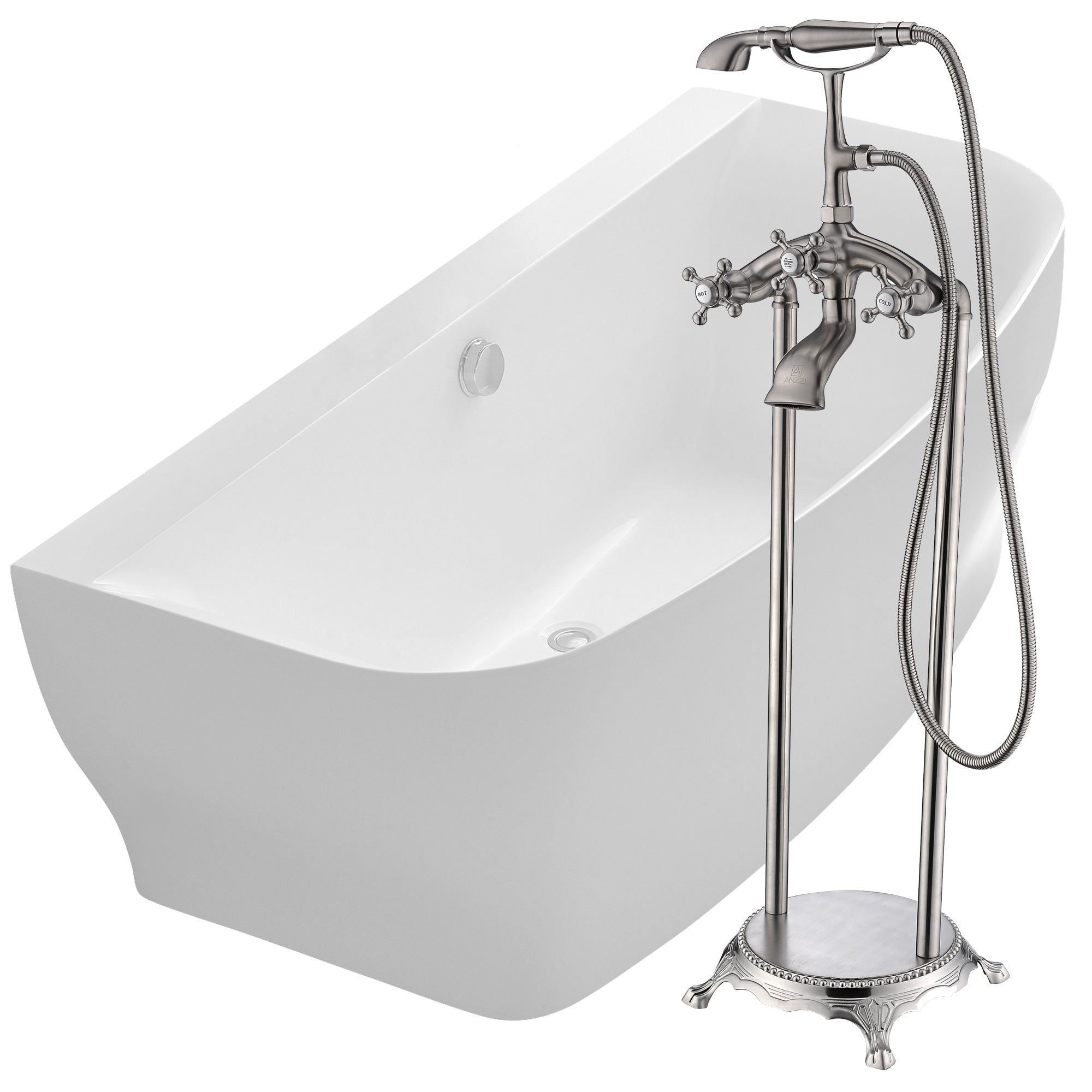 Anzzi Bank 64.9 in. Acrylic Flatbottom Bathtub in Gloss White Finish - Tugela Faucet with Hand Shower in Brushed Nickel - Floor Mounted - Built-in Chrome Overflow and Push Operated Center Drain - FTAZ112-0052B - Vital Hydrotherapy