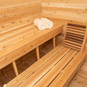 Dundalk Canadian Timber Luna 2 to 3 Person White Cedar Sauna CTC22LU - with ergonomic backrest and white towel - Inside view - Vital Hydrotherapy
