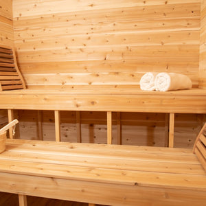 Dundalk Canadian Timber Luna 2 to 3 Person White Cedar Sauna CTC22LU - with ergonomic backrest and white towel - Inside view - Vital Hydrotherapy