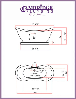Cambridge Plumbing Double Slipper Hand Painted Acrylic Pedestal Tub Dimension Drawing