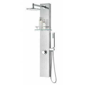 Anzzi Coastal 44 Inch Full Body Shower Panel with Deco-Glass Shampoo Shelf, Swiveling Crested Heavy Rain Shower Head, Shower Control Knob, Two Acu-stream Vector Massage Body Jet Sets and Euro-grip Hand Sprayer in Brushed Steel SP-AZ075 - Vital Hydrotherapy