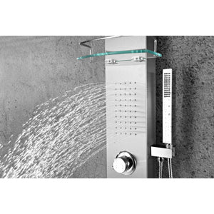 Anzzi Coastal 44 Inch Full Body Shower Panel with Deco-Glass Shampoo Shelf, Shower Control Knob, Two Acu-stream Vector Massage Body Jet Sets and Euro-grip Hand Sprayer in Brushed Steel SP-AZ075 - Vital Hydrotherapy