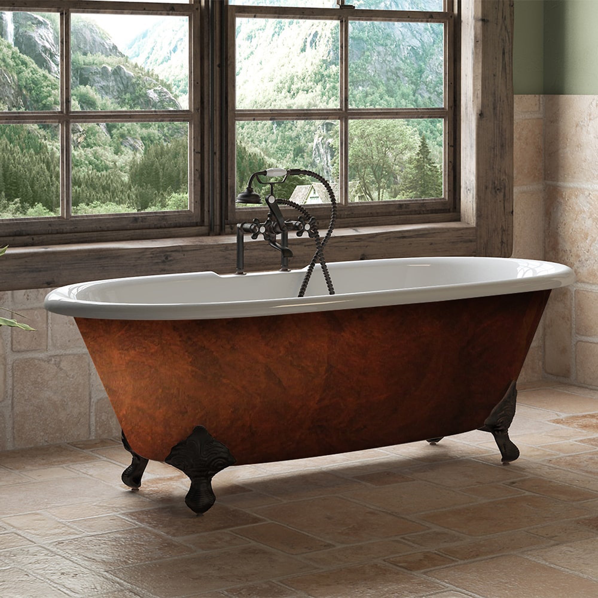 Cambridge Plumbing 67”x30" Faux Copper Bronze Finish on Exterior Cast Iron Clawfoot Bathtub (Hand Painted Faux Copper Bronze Finish) with 7" Deck Mount Faucet Drillings and Oil Rubbed Bronze Feet DE67-DH-ORB-CB - Vital Hydrotherapy