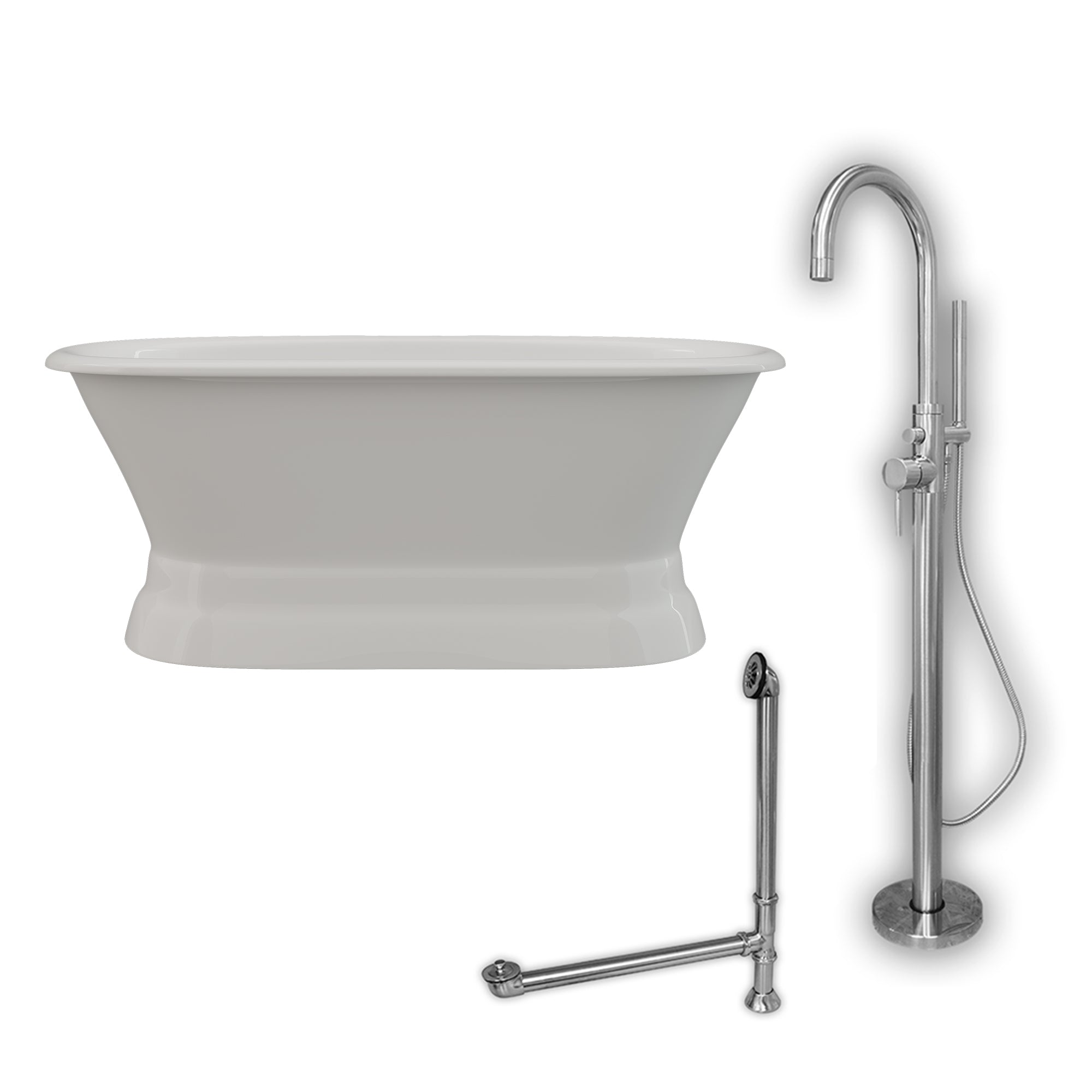 Cambridge Plumbing 60-Inch Double Ended Cast Iron Pedestal Soaking Tub (Porcelain enamel interior and white paint exterior) and Complete Plumbing Package (Brushed nickel) DE60-PED-150-PKG-NH - Vital Hydrotherapy