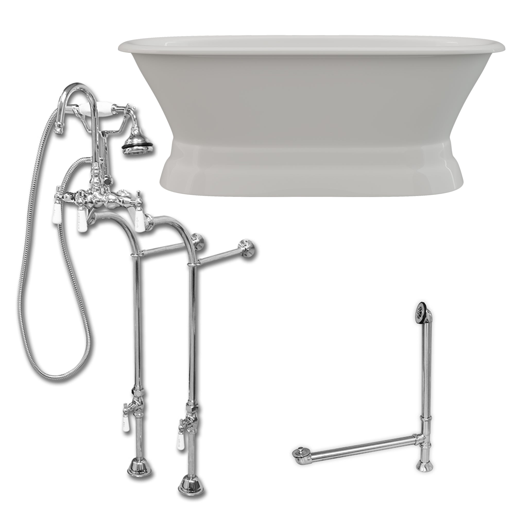 Cambridge Plumbing 66-Inch Double Ended Cast Iron Pedestal Soaking Tub (Porcelain interior and white paint exterior) and Complete Freestanding Plumbing Package (Brushed nickel) DE66-PED-398684-PKG-NH - Vital Hydrotherapy