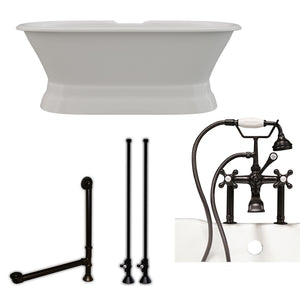 Cambridge Plumbing 66-Inch Double Ended Cast Iron Pedestal Soaking Tub and Complete Deck Mount Plumbing Package DE66-PED-463D-6-PKG-DH - Vital Hydrotherapy