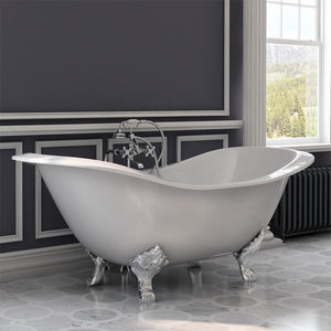 Cambridge Plumbing Double Slipper Cast Iron Soaking Tub (Porcelain interior and white paint exterior) with Lion’s Paw feet and Free-standing Plumbing Package (Polished chrome) -Lifestyle - DES-398463-PKG-NH - Vital Hydrotherapy