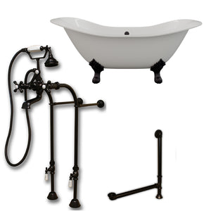 Cambridge Plumbing Double Slipper Cast Iron Soaking Tub (Porcelain interior and white paint exterior) with Lion’s Paw feet and Free-standing Plumbing Package (Oil rubbed bronze) DES-398463-PKG-NH - Vital Hydrotherapy