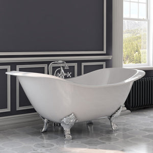 Cambridge Plumbing Double Slipper Cast Iron Soaking Tub (Porcelain interior and white paint exterior) with Lion’s Paw Feet and Deck Mount Plumbing Package (Polished chrome) Lifestyle - DES-463D-2-PKG-7DH - Vital Hydrotherapy