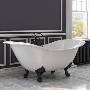 Cambridge Plumbing Double Slipper Cast Iron Soaking Tub (Porcelain interior and white paint exterior) with Lion’s Paw Feet and Deck Mount Plumbing Package (Oil rubbed bronze) - Lifestyle - DES-463D-6-PKG-7DH - Vital Hydrotherapy