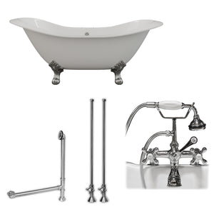 Cambridge Plumbing Double Slipper Cast Iron Soaking Tub (Porcelain interior and white paint exterior) with Lion’s Paw Feet and Deck Mount Plumbing Package (Polished chrome) DES-463D-2-PKG-7DH - Vital Hydrotherapy
