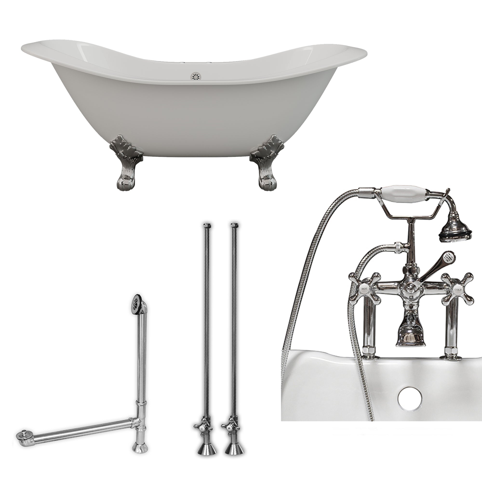 Cambridge Plumbing Double Slipper Cast Iron Soaking Tub (Porcelain interior and white paint exterior) with Lion’s Paw Feet and Deck Mount Plumbing Package (Brushed nickel) DES-463D-6-PKG-7DH - Vital Hydrotherapy