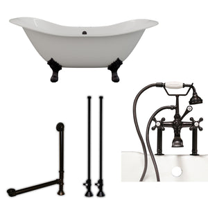 Cambridge Plumbing Double Slipper Cast Iron Soaking Tub (Porcelain interior and white paint exterior) with Lion’s Paw Feet and Deck Mount Plumbing Package (Oil rubbed bronze) DES-463D-6-PKG-7DH - Vital Hydrotherapy