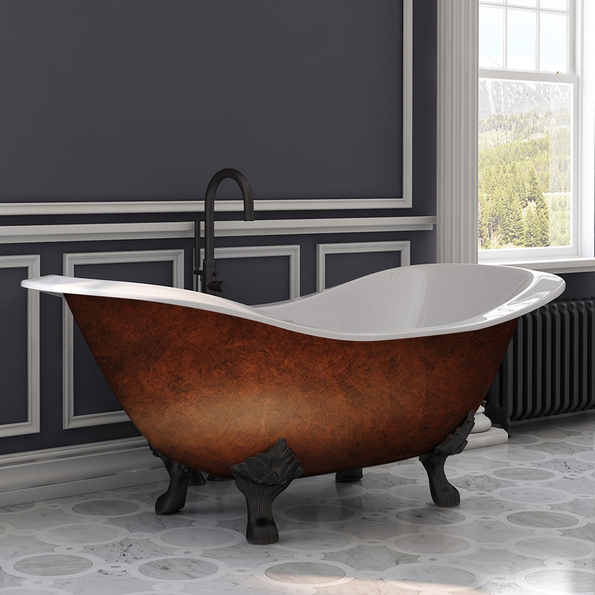 Cambridge Plumbing 71" X 30" Double Ended Cast Iron Slipper Clawfoot Tub Hand Painted Faux Copper Bronze Finish with Oil Rubbed Bronze Feet and No Faucet Drillings DES-NH-ORB-CB - Vital Hydrotherapy