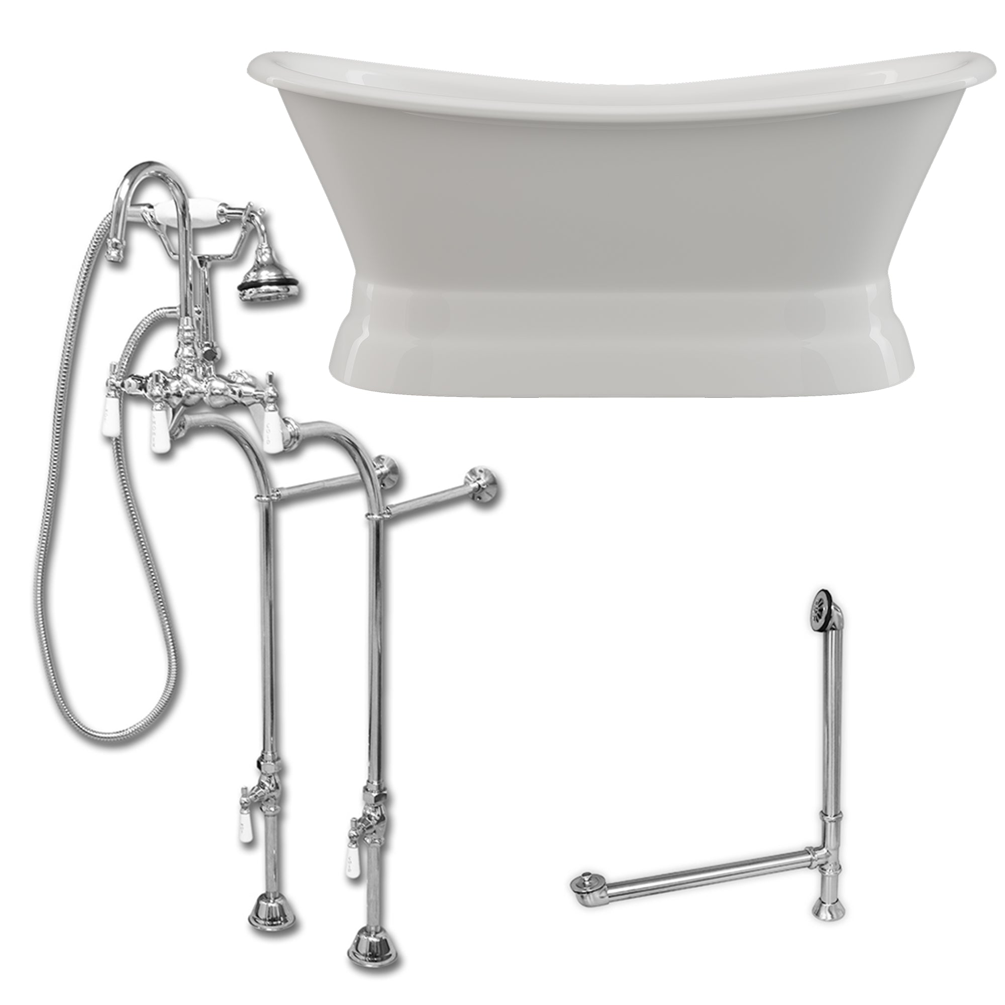 Cambridge Plumbing Double Slipper Cast Iron Pedestal Soaking Tub (Porcelain interior and white paint exterior) and Free-standing Plumbing Package (Brushed nickel) DES-PED-398684-PKG-NH - Vital Hydrotherapy