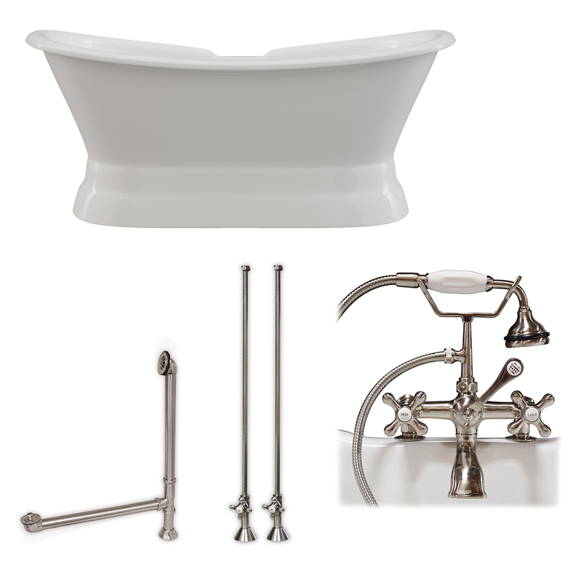 Cambridge Plumbing Double Slipper Cast Iron Soaking Pedestal Tub (Porcelain interior and white paint exterior) and Deck Mount Plumbing Package (Brushed nickel) DES-PED-463D-2-PKG-7DH - Vital Hydrotherapy
