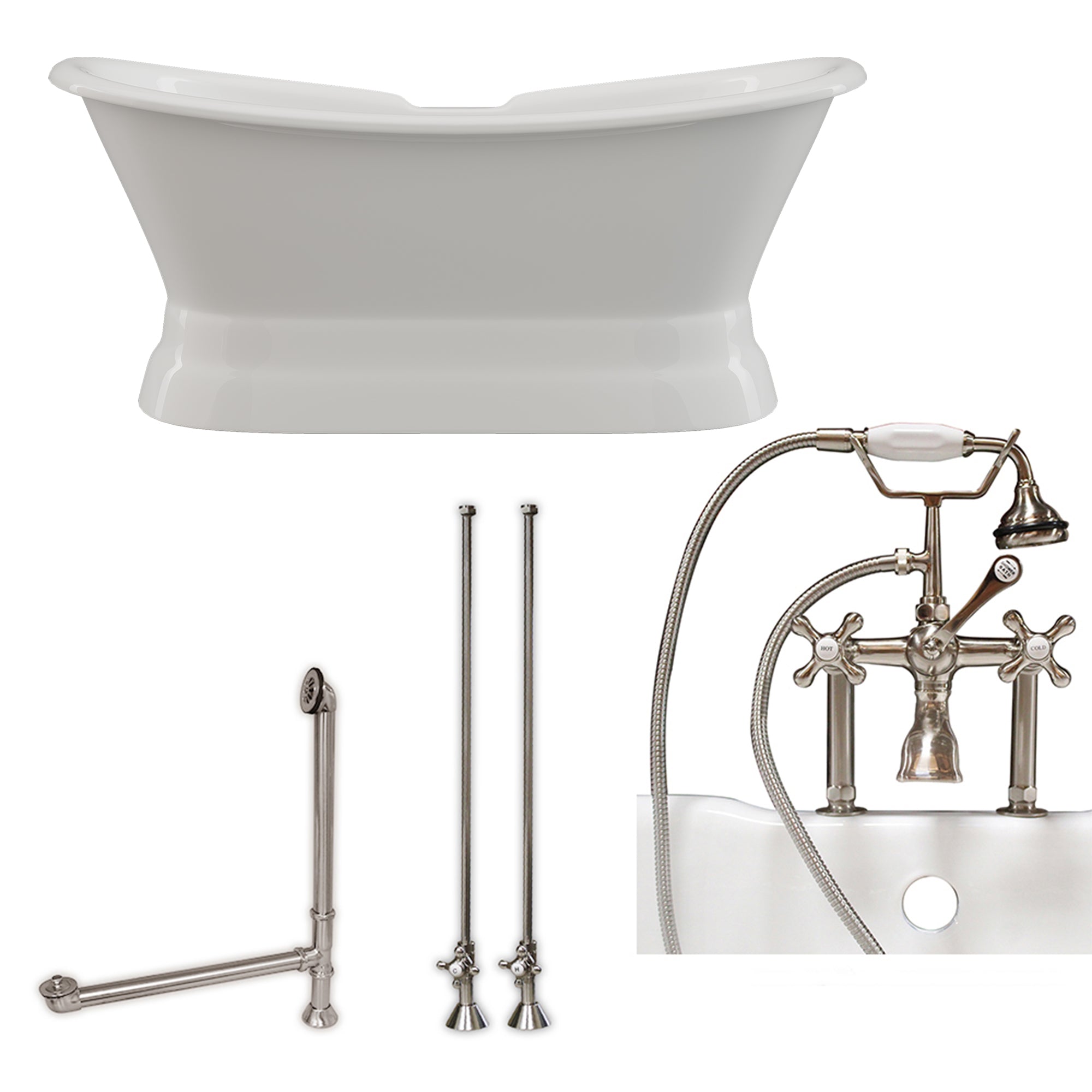 Cambridge Plumbing Double Slipper Cast Iron Pedestal Soaking Tub (Porcelain interior and white paint exterior) and Deck Mount Plumbing Package (Brushed nickel) DES-PED-463D-6-PKG-7DH - Vital Hydrotherapy